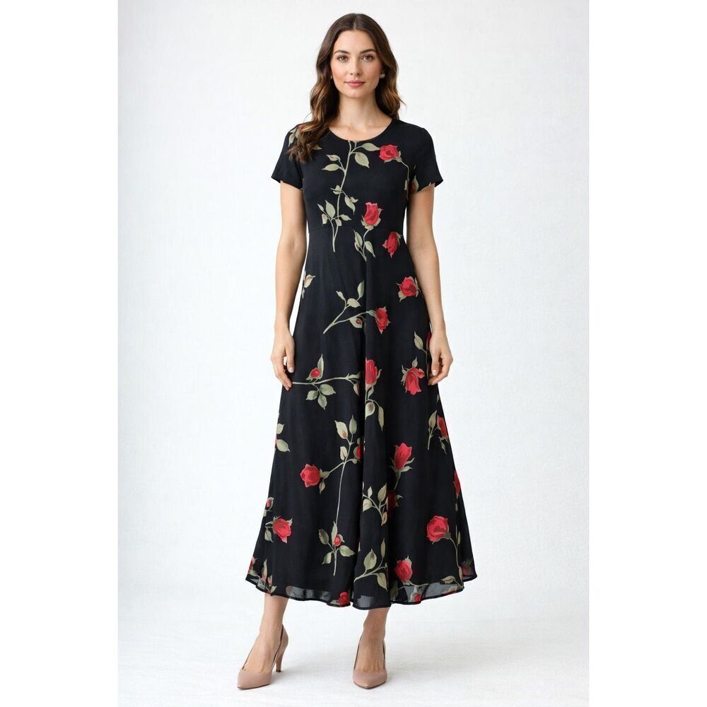 Jessica Howard Black Rose Floral Chiffon Midi Dress Short Sleeve A-Line Romantic